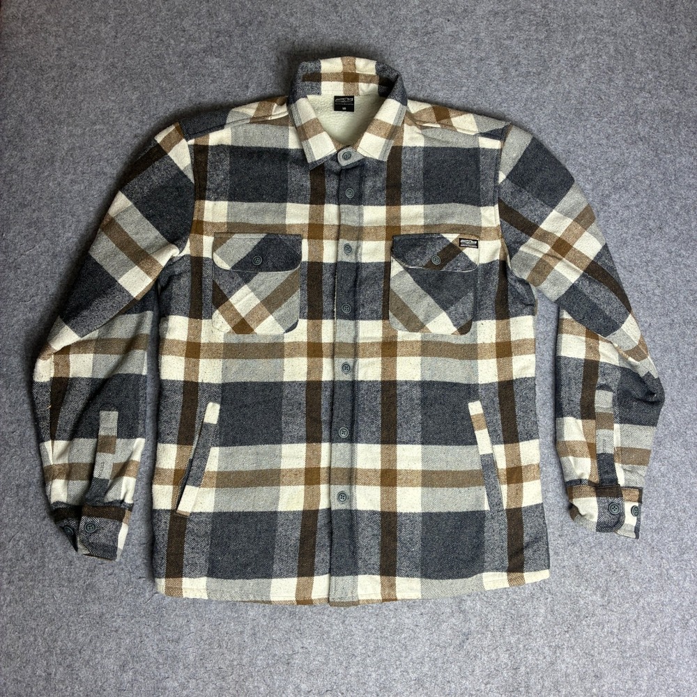 Surf Ride Flannel Shirt Jacket Mens Large Brown Gray Fleece Lined Shacket